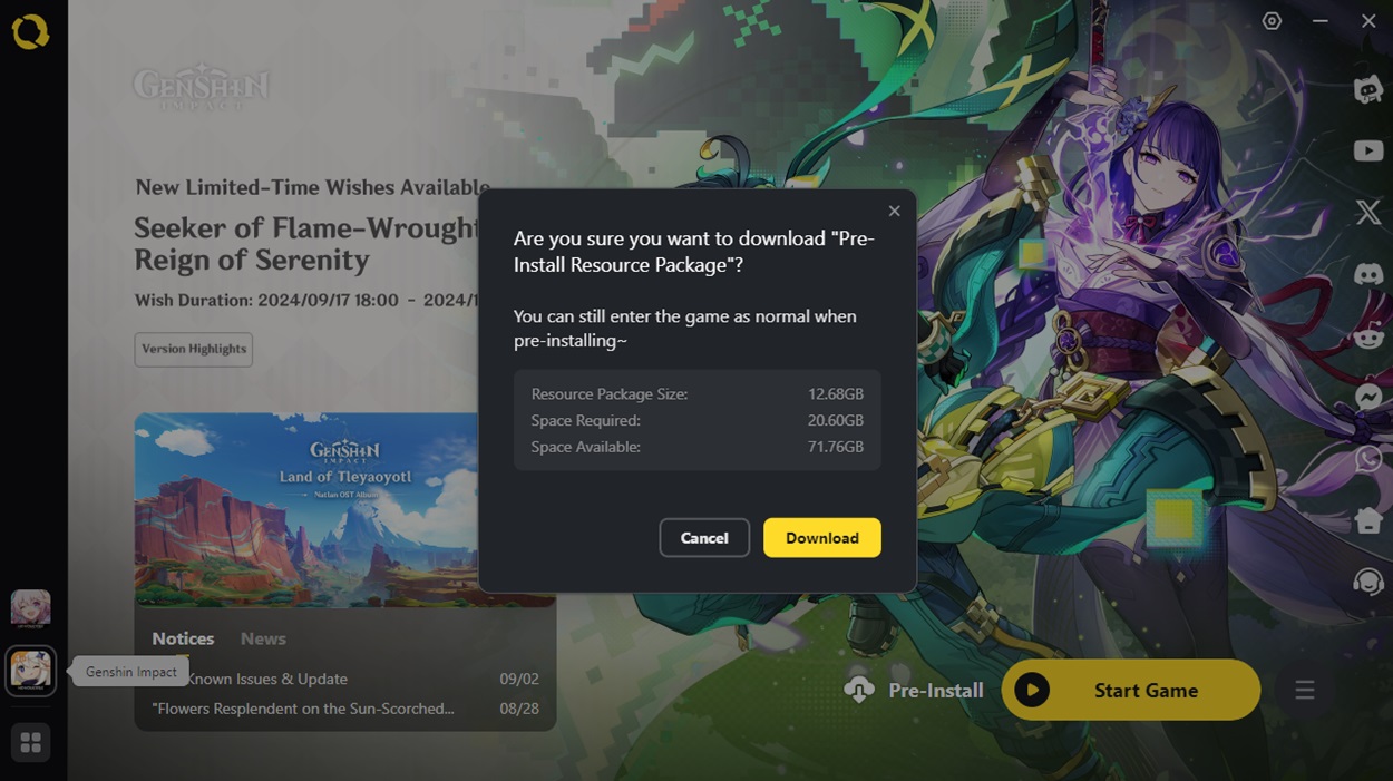 Genshin Impact 5.1 PC Pre-download size