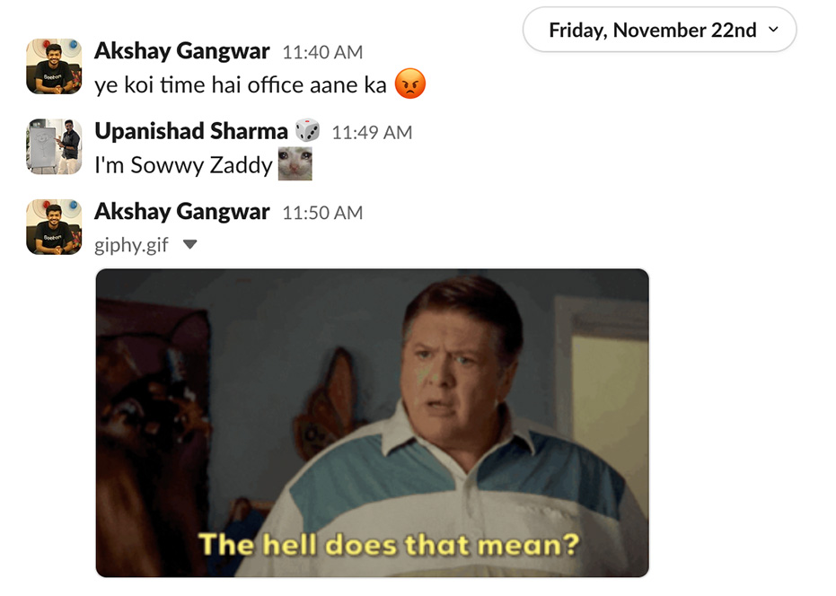 Screenshot of a Slack conversation between Akshay and Upanishad