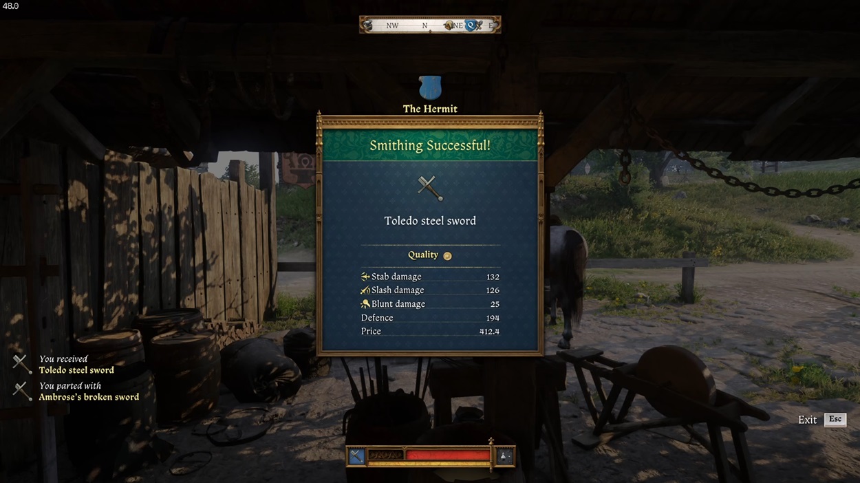 Successfully craft the Toledo Steel sword to complete the Hermit's quest in KCD 2