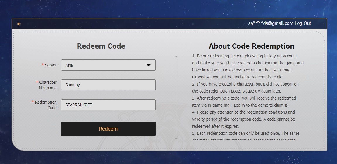 Redeem Honkai Star Rail Codes from the website