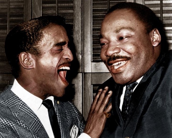 Sammy Davis Jr. sharing a laugh with Dr. Martin Luther King in his own dressing room, back-stage