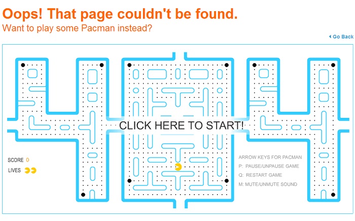 Blue Fountain Media pacman game 404 page