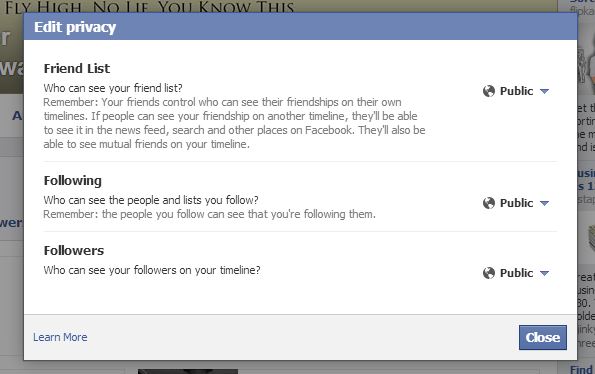 Facebook friends, followers, followings privacy settings