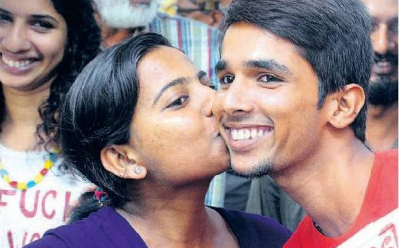 Kiss of love protesters kissing infornt of law college