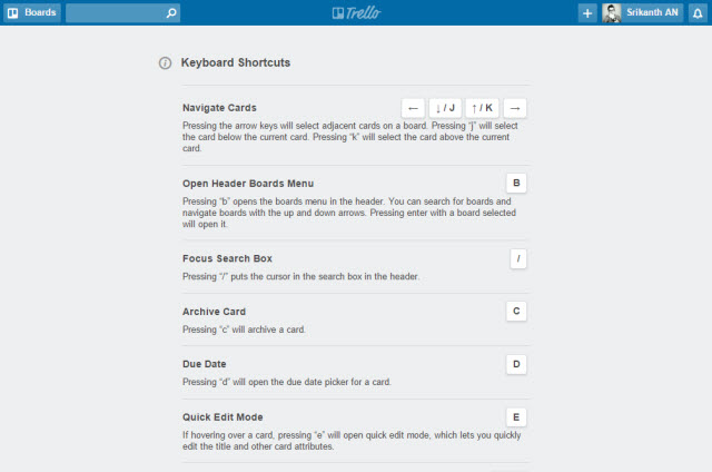 Trello Keyboard shortcuts