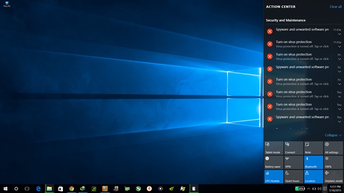 New Action Center in Windows 10