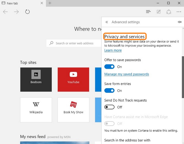 Microsoft Edge Privacy settings