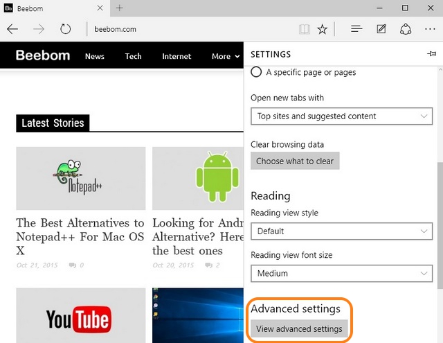 Microsoft Edge advanced settings