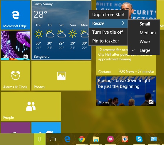 Start menu tile resize Windows 10