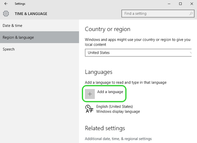 Windows 10 Add language button
