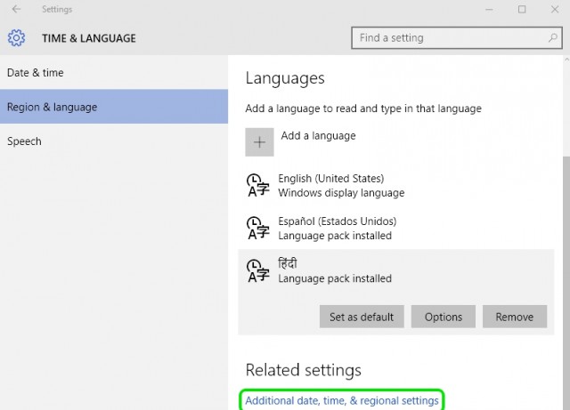 Windows 10 Additional Language Settings