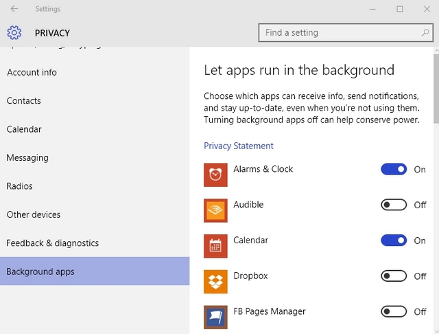 Windows 10 Background Apps settings