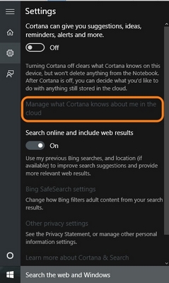 Windows 10 Cortana Cloud data