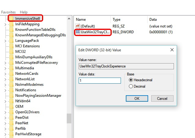 Windows 10 calender UI change registry editor