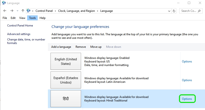 Windows 10 display language settings