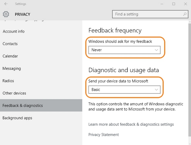 Windows 10 feedback settings