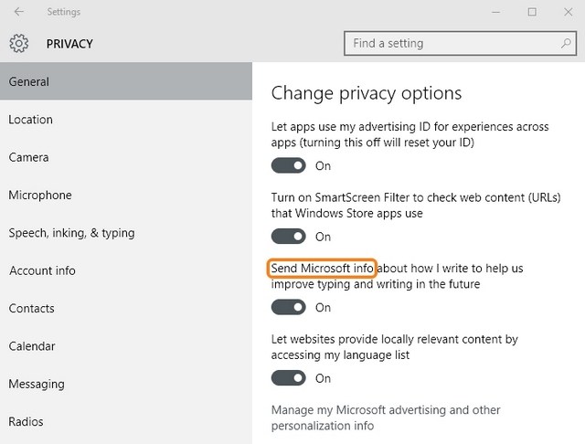 Windows 10 privacy options