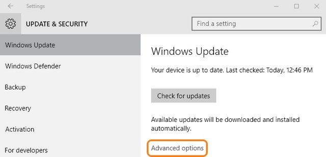 Windows 10 update advanced options