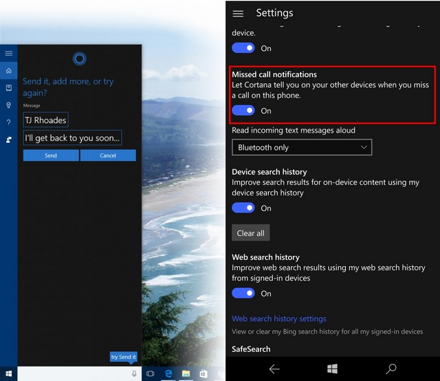 cortana missed call message