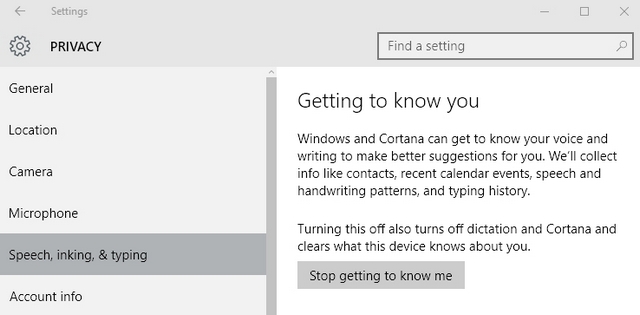 windows 10 stop getting to know me
