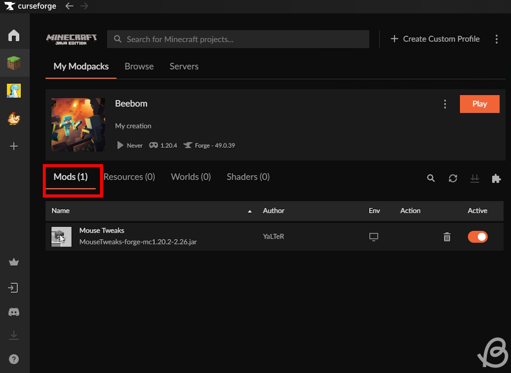 Installed mod will appear on the Mods tab of the profile