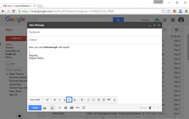 keyboard shortcut strikethrough text gmail