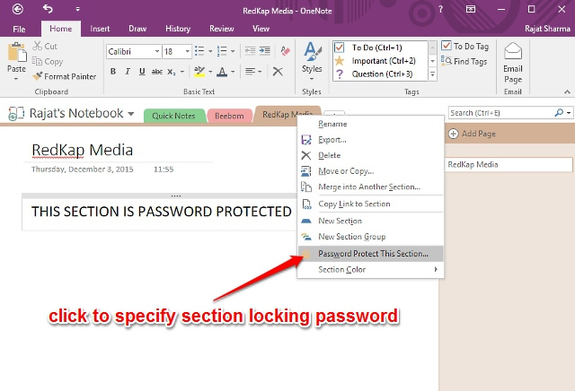 onenote password protect notes