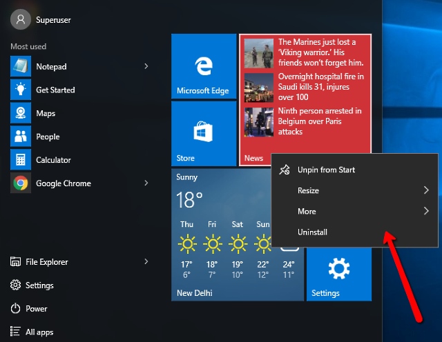 uninstall apps and programs via start menu