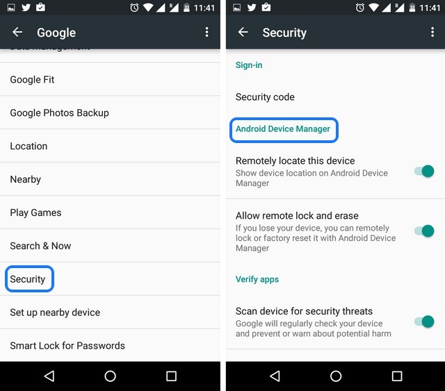 Android security tips enabled Device Manager