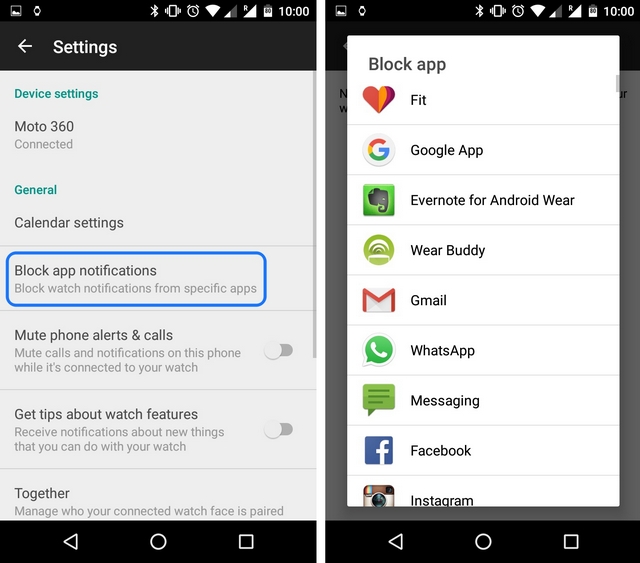 Moto 360 block app notifications