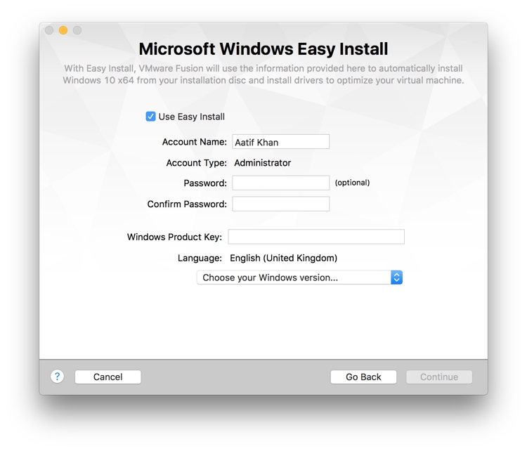 VMware Fusion Installation Options