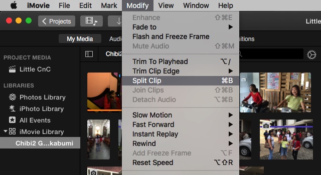 iMovie - split clip menu