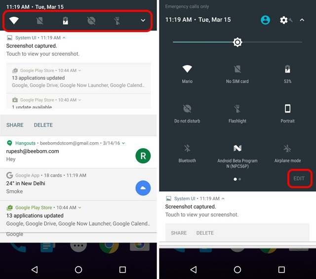 Android N Quick Settings changes