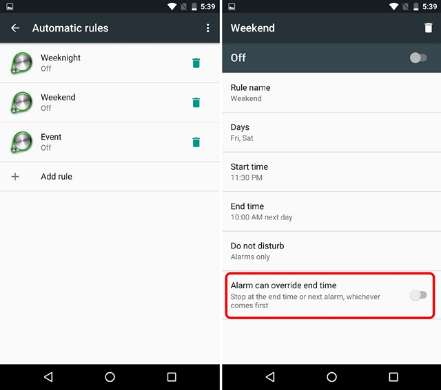 Android N do not disturb automatic rules