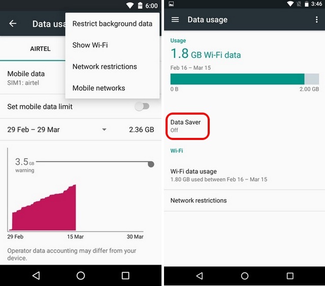 Android N vs Android Marshmallow Data Saver
