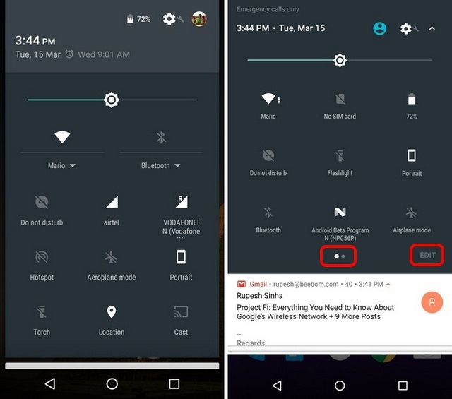 Android N vs Android Marshmallow Quick Settings