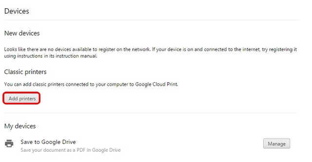 Chrome Cloud Print Add Printers