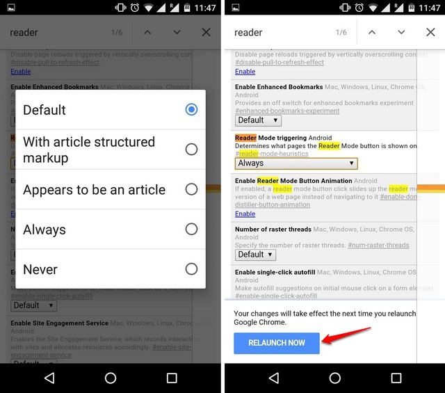 Chrome Flags Android enable Reader Mode