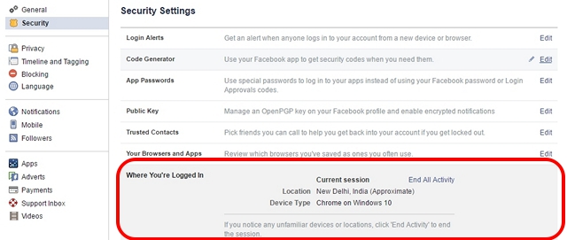 Facebook active sessions