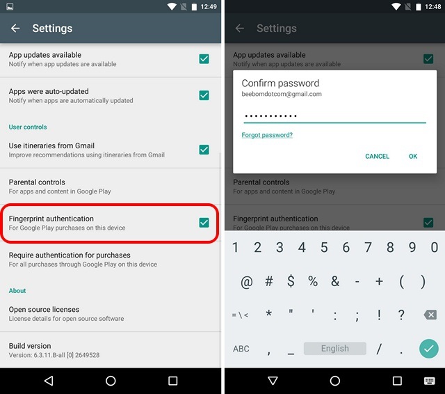 Google Play Tips fingerprint authentication