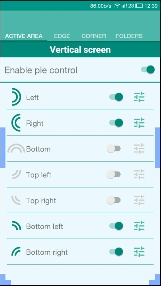 Pie control settings