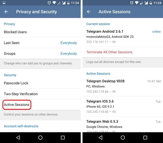 Telegram Messenger App Tricks active sessions
