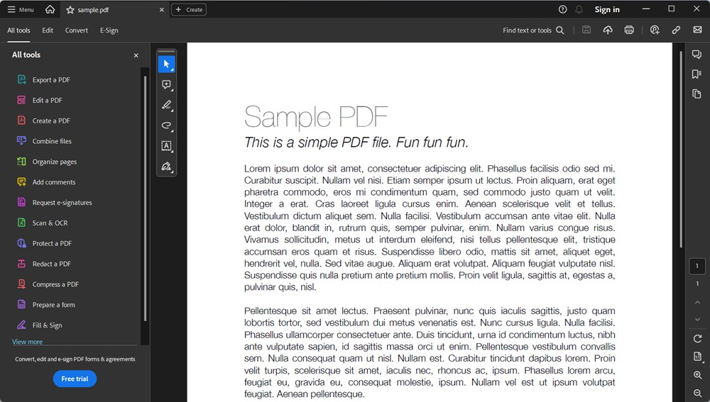 Editing a sample PDF in Adobe Acrobat PDF Editor