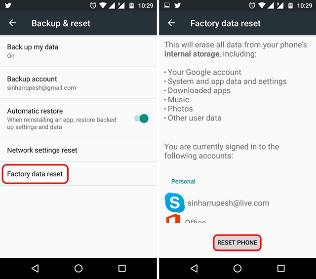 Android Factory Data Reset
