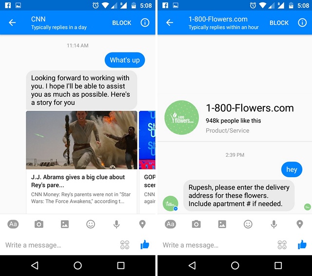 Facebook Messenger Bot chat