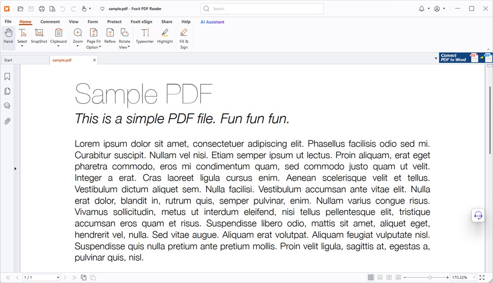 Reading and viewing a sample PDF in Foxit PDF reader