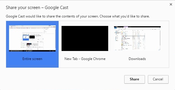 Google Cast share screen options