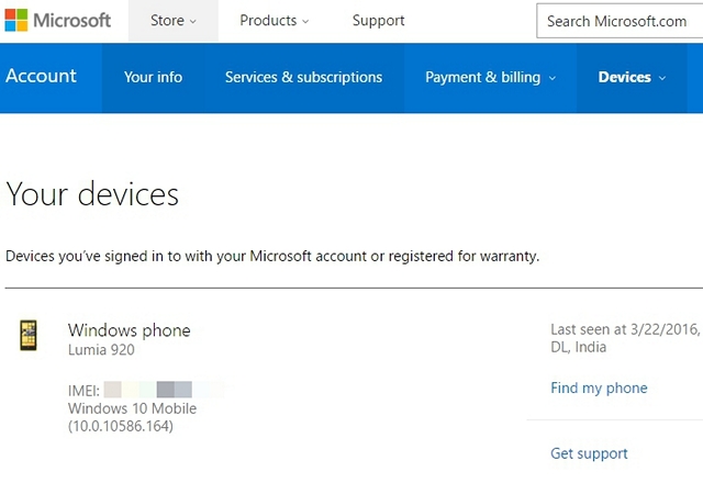 IMEI Number in Microsoft Account