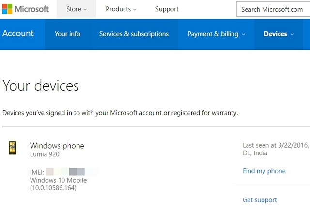 Номер IMEI в учетной записи Microsoft