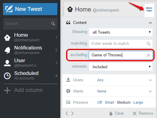 Tweetdeck Exclude keywords